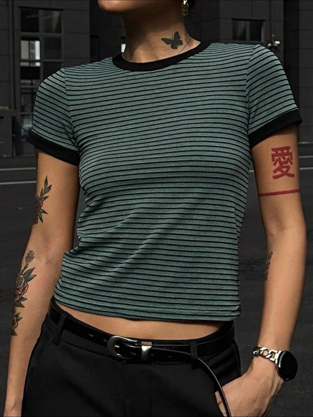 Striped Crewneck Ringer Tee - Black Trim Green